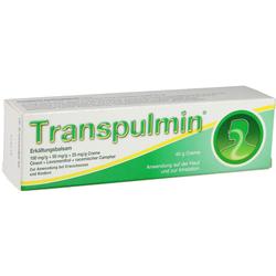 Eine weiße Packung Transpulmin Erkältungsbalsam mit grünem Logo vorne.
