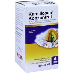 Eine Packung Kamillosan Konzentrat mit Kamillenblüten und Kamillenöl.