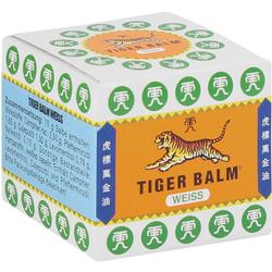 Eine weiße Box mit einem orangefarbenen Tiger-Logo und der Aufschrift "Tiger Balm Weiß".
