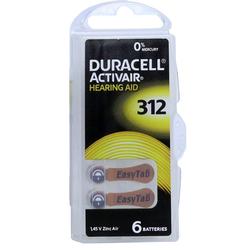 Packung mit sechs Duracell Hörgerätebatterien der Größe 312.