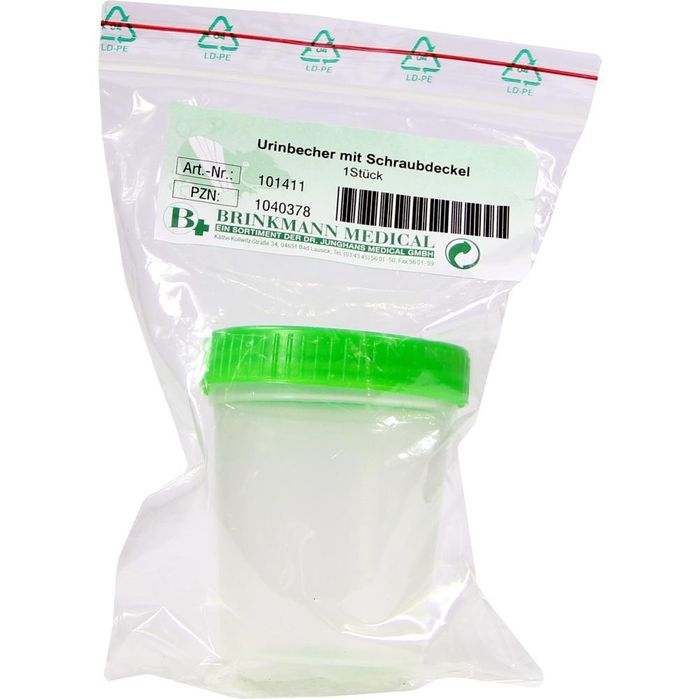 Ein Urinbecher mit grünem Schraubdeckel in einer Plastikverpackung.
