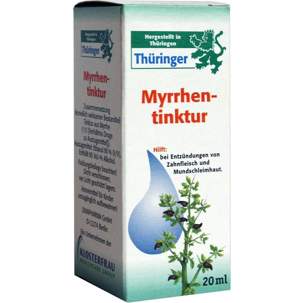 Verpackung einer Myrrhentinktur, die bei Zahnfleischentzündungen hilft.