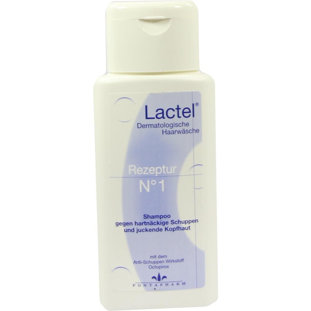 Weiße Shampoo-Flasche mit blauem Etikett gegen Schuppen und juckende Kopfhaut.